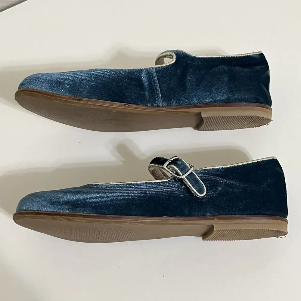 Mini Boden Blue Velvet Mary Jane Shoes Buckle Flats Girls Size 32 US 13.5